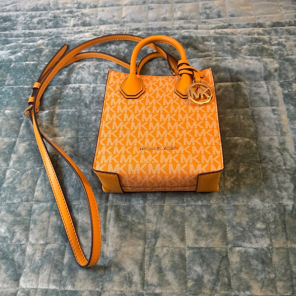 Michael Kors Chantal Extra Small Crossbody Tote Vibrant Orange Leather Gold NWOT